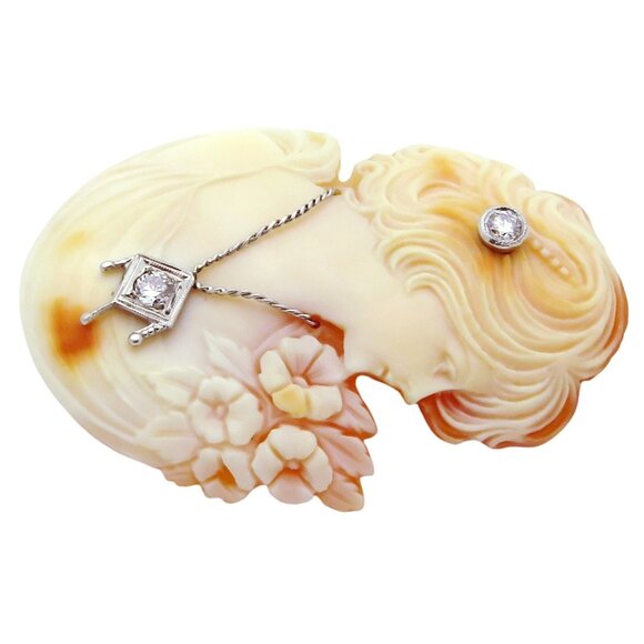 Beautiful Vintage 14K White Gold Carved Shell Cameo Brooch Pin with Diamonds - Picture 5 of 6